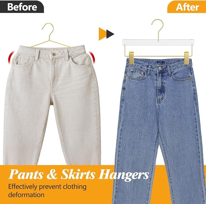 10 Pack Clear Gold Acrylic Pants Hangers with Adjustable Clips | Non-Slip & Heavy Duty Hangers for Pants, Skirts, Jeans, Trousers, Scarves, Adults & Kids, Clothing Closet Storage Organizer - Image 6