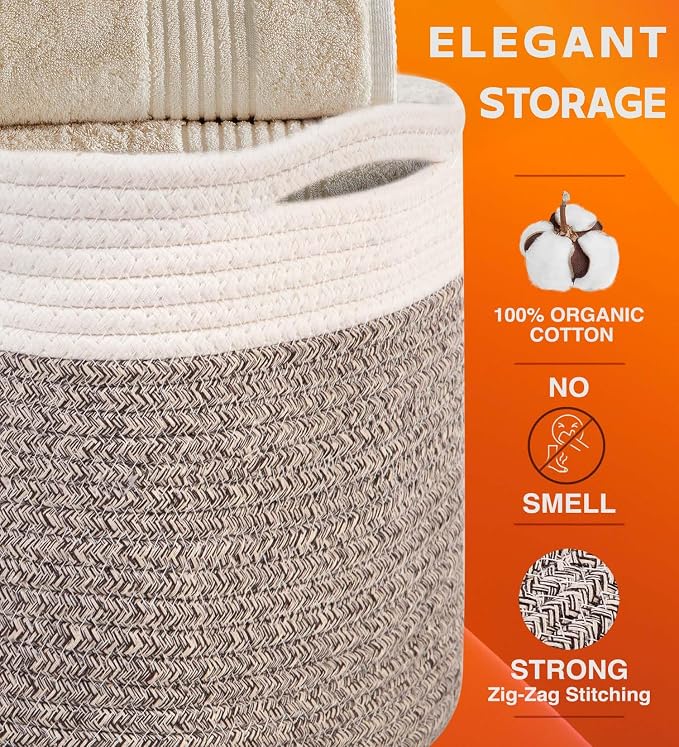 CHAT BLANC Cotton Rope Baskets for Organizing | Storage Baskets for Shelves | Rope Basket for Storage, Small Laundry Baskets, Woven Baskets for Storage, Dog Toy Bin, Baby Basket,Off White&Brown 3 Pack - Image 5