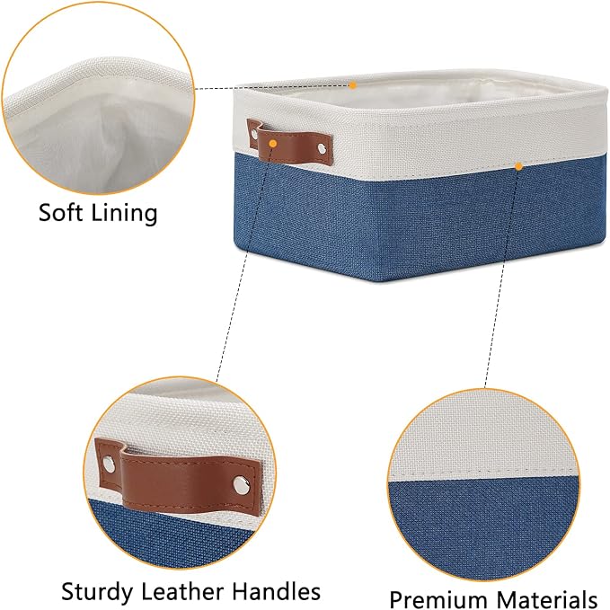 DULLEMELO Set of 6 Small Baskets for Organizing, Small Fabric Storage Bins for Toys Storage, Collapsible Storage Bins with Leather Handles for Shelves, Closets, Laundry, Nursery(White&Blue) - Image 5