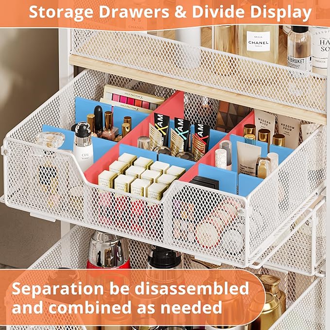 4-Tier Rolling Utility Cart with 3 Drawers-White Craft Organizers and Storage with DIY Dividers, Under Desk Cart with Lockable Wheels, Craft Cart Art Cart for Brushes Artifacts Patent Pending - Image 2