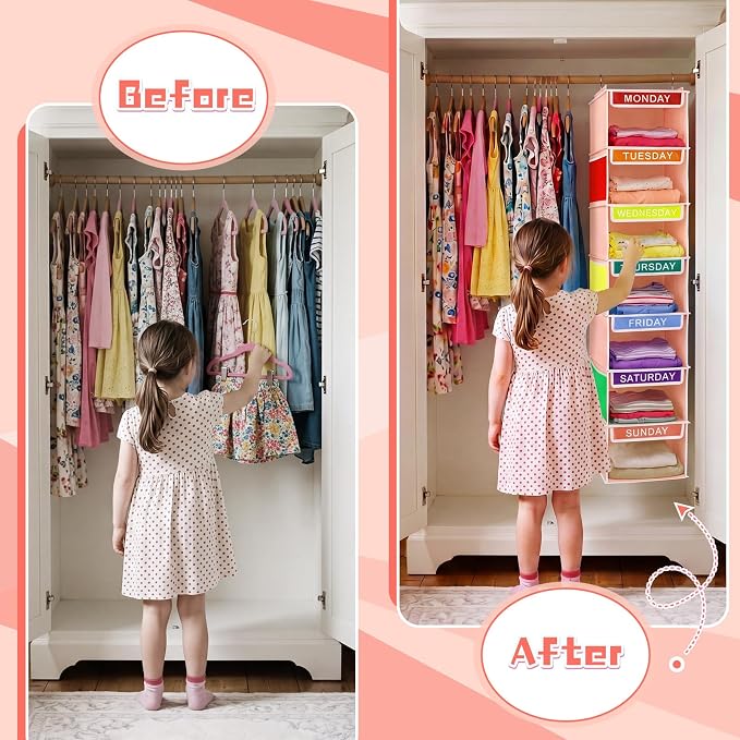 2 Pcs 7 Shelf Weekly Clothes Organizer for Kids Hanging Closet Organizer 11. 8 x 11. 8 x 50 Inch Daily Activity Kids Clothes Storage Drawers Cube Drawers Closet Hanging Shelves(Orange Pink) - Image 6