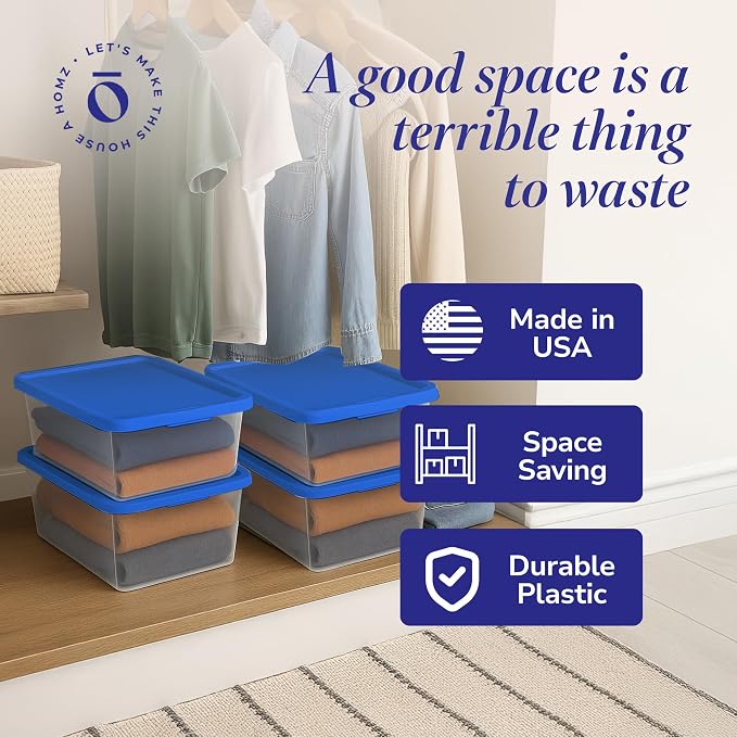 HOMZ 4-Pack Snaplock, Small Clear Plastic Storage Organizer Bins w/Lids, 12 Quart, Blue - Stackable Container Boxes for Bedroom, Bathroom, Garage, and Office Organization - Image 5