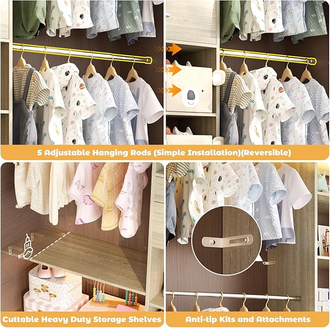 Besiost Closet System - 5-8FT Closet Organizer System with Wooden Drawers & Cube Storage Organizer, Up To 96" Closet Systems for Nursery & Walk-In Closets with Cuttable Hanging Shelving, Greige Oak - Image 6