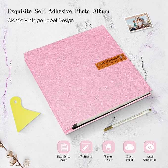 Spbapr Large Photo Album Self Adhesive Magnetic Scrapbook,DIY Scrapbook Album for 4x6 5x7 8x10 Picture,60 Pages Linen Cover Memory Book for Wedding Family Baby Pets, with Metallic Pen and Scraping - Image 4
