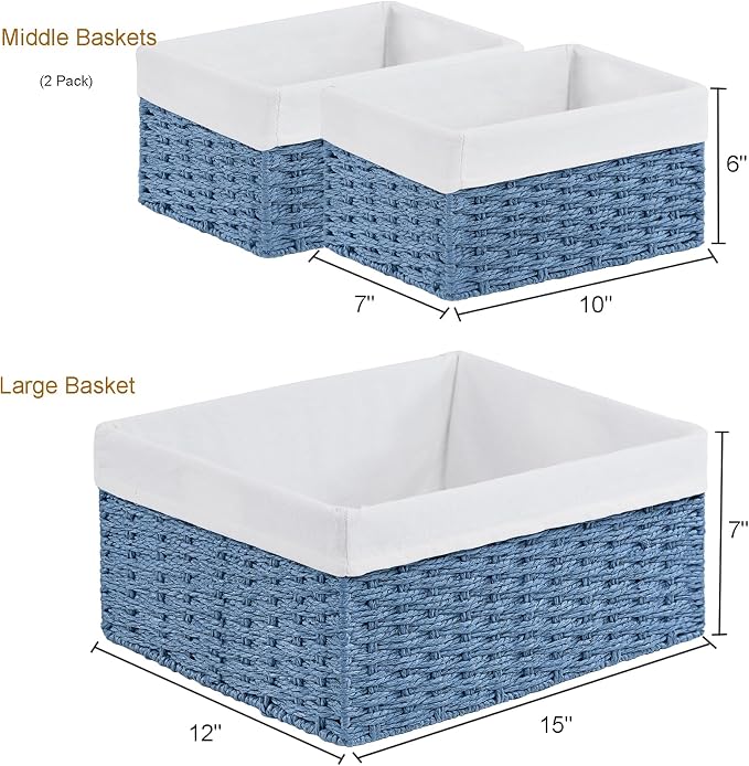 Wicker Basket, Set of 3 Hand-woven Storage Baskets for Organizing, Rectangle Wicker Storage Basket Bins with Handles, Small Toilet Paper Storage Baskets for Shelves & Decor, Blue - Image 3