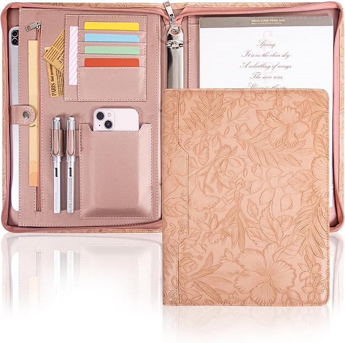 Calfinder Personalized Portfolio for Women, Free Name Engrave,Leather Binder 3 Ring, Business Portfolio Organizer for Documents,Ipad,Tablet,Unique Gift for Graduation/Professionals/Lawyers by Calfinder