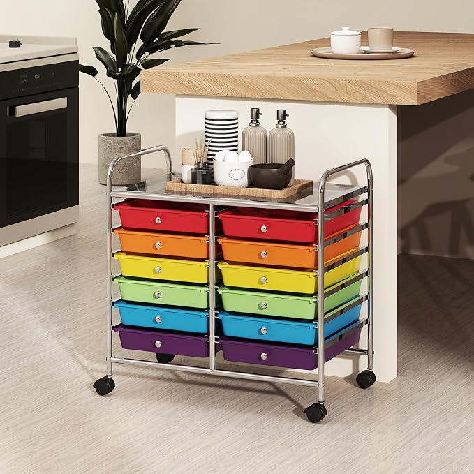 RELAX4LIFE 12-Drawer Rolling Storage Cart Mobile Craft Organizer Colorful | 24.5" Size, 4 Rolling Casters, Metal Frame, For School Teacher Office Salon Art File Supplies - Image 8