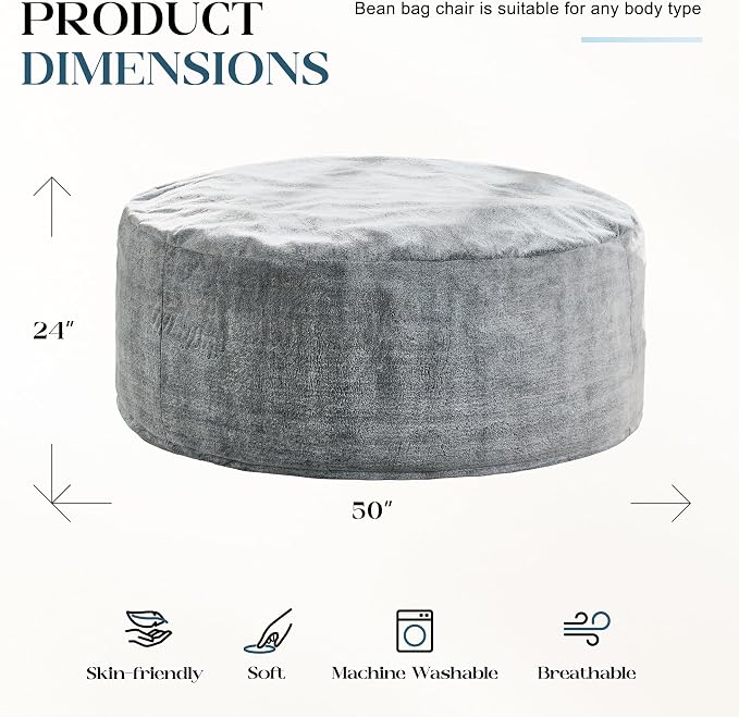 Hobestluk Bean Bag Chair for Adult Giant Beanbag with Filler Grey 5FT | Breathable Material Removable Machine Washable Cover Memory Foam Living Room Bedroom Reading Gaming Oversized Large Big - Image 2