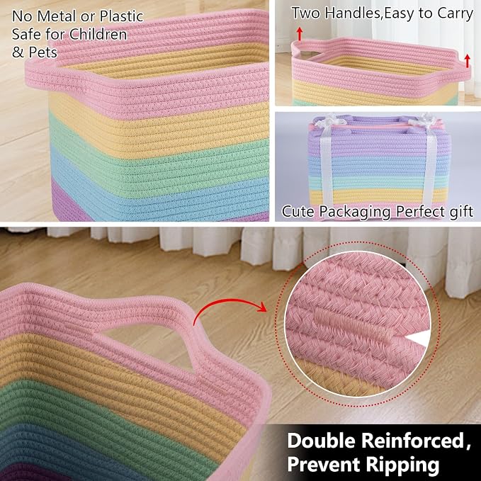 OIAHOMY Storage Basket, Woven Baskets for Storage, Cotton Rope Basket for toys,Towel Baskets for Bathroom - Pack of 3, Rainbow Pastel - Image 4