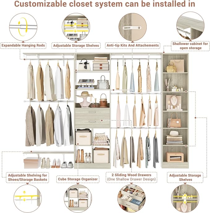Besiost Closet System - 9.4FT/112" Closet Organizer System with Wooden Drawers,Closet Systems for Walk-In Closets with Hang Rods and Open Cabinet, Greige Oak - Image 3
