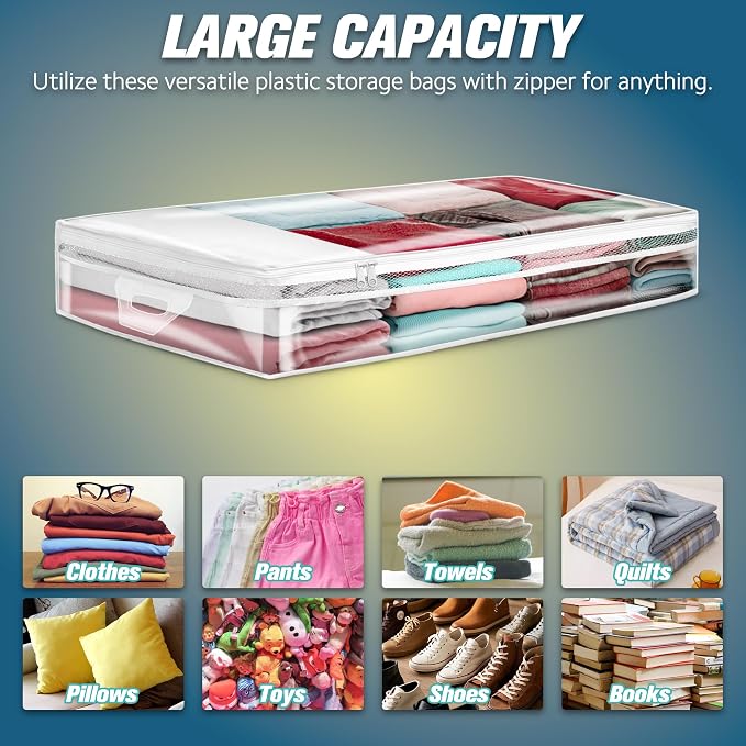 HIBAG 20 Gallon Under Bed Storage Containers, Underbed Clothing Storage Bins, Clear Plastic Organizer with Reinforced Handles, for Clothes Comforters Blankets Towels Pillows Bedding (2 Pack) - Image 5