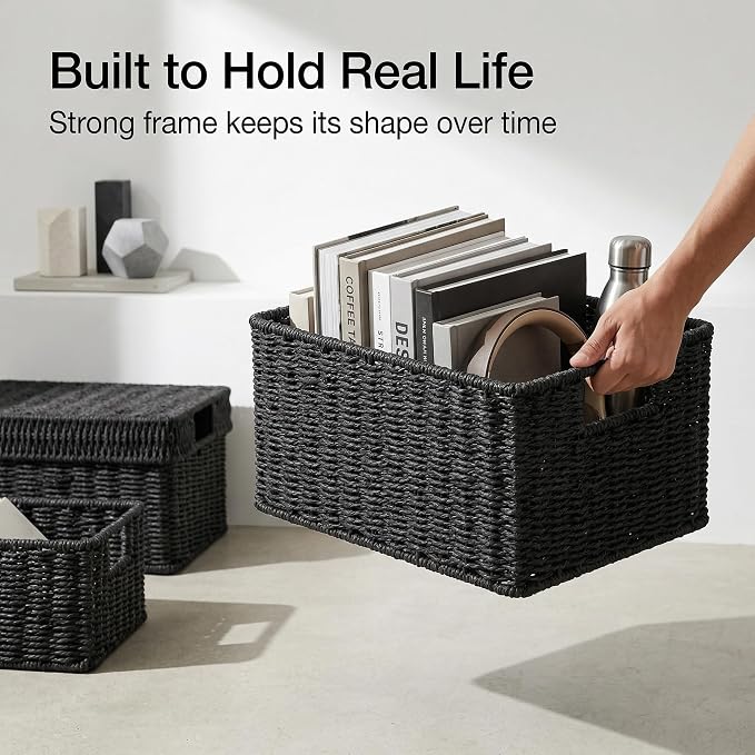 Wicker Storage Basket with Lid for Shelves,12×10×5.5in, Black | One rectangular wicker basket with lid for decorative shelf storage; its removable lid lifts off and flips into a tray. - Image 7