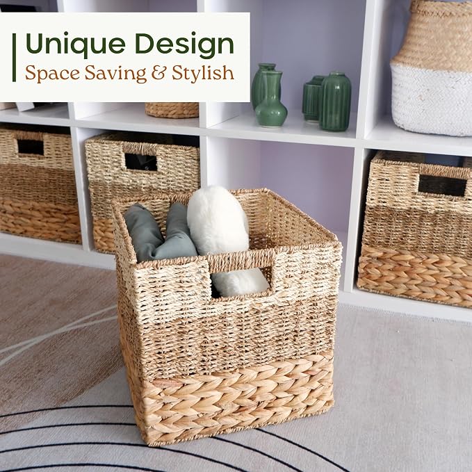 11x11 Wicker Storage Cubes Storage Baskets For Shelves Set 4 | 10.5 x 10.5 Water Hyacinth Storage Baskets Woven With Seagrass, Palm Leaf. Foldable Square Baskets With Carry Handles - Image 2