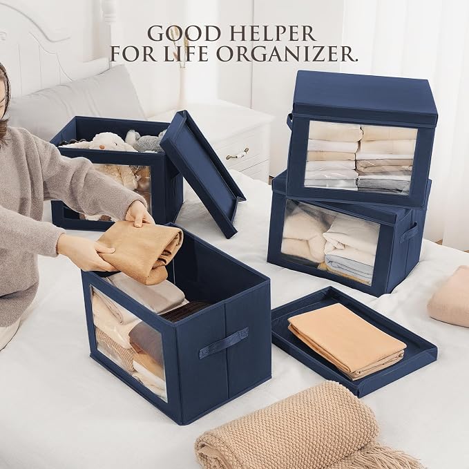Stackable Storage Bins with Lids - Large Decorative Basket with Lids, Fabric Foldable Closet Organizer Bins, Shelf Organizer for Living Room, Dorm, 5 Pack, Navy Blue - Image 3
