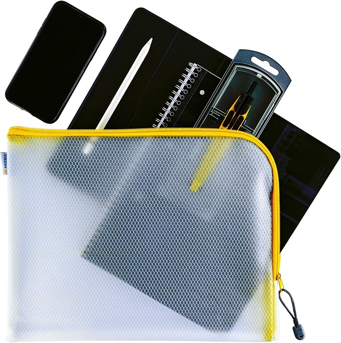 HERMA 20017 Zip Document Bag A4, Transparent Mesh Zipper Pouch for Laptop, Tablet, Books, Papers, Toys, Clear Storage Wallet in Yellow - Image 7