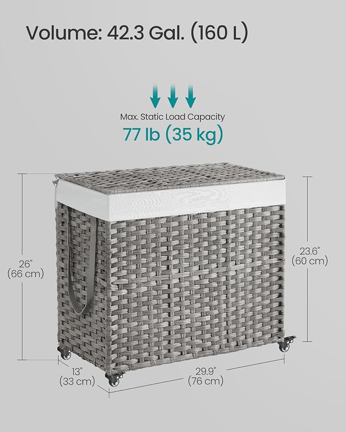 SONGMICS Laundry Hamper with Lid, 42.3 Gallons (160 L), Rolling Laundry Basket with Wheels, 3-Section Synthetic Rattan, Removable Liner, Bedroom, 29.9 x 13 x 26 Inches, Gray ULCB365G01 - Image 5