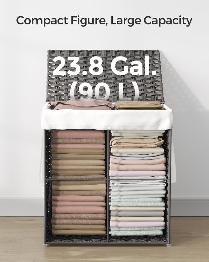 SONGMICS Laundry Hamper with Lid, 23.8 Gallon (90 L) Synthetic Rattan Clothes Laundry Basket with Lid and Handles, Foldable, Removable Liner, Dove Gray ULCB51WG - Image 6