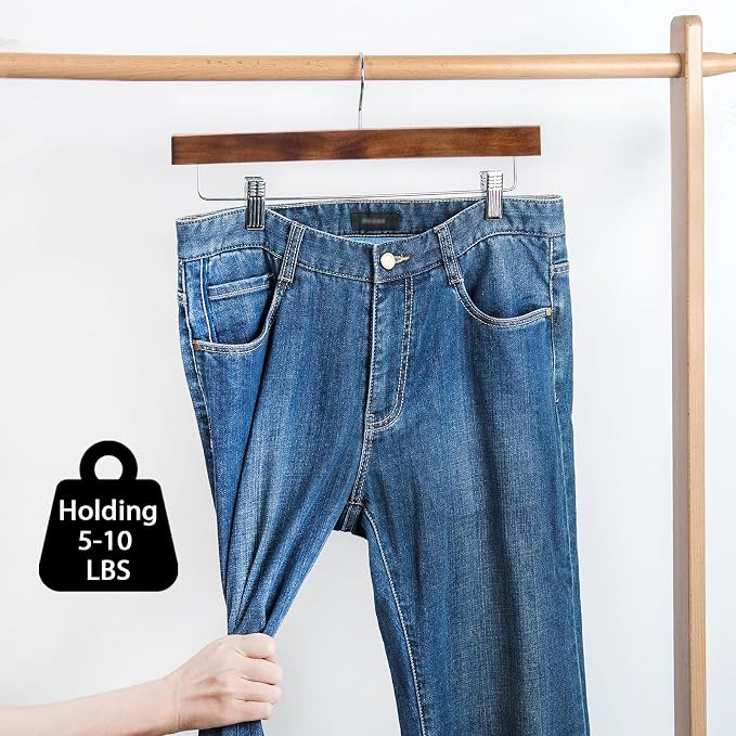 Nature Smile Deluxe Wooden Pants Hangers, Retro Pack of 28 | Solid Wood Bottom, Jeans Hanger, Skirt Hanger, 2-Adjustable Clips - Image 6