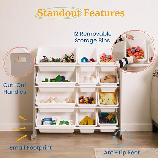 ECR4Kids 4-Tier Organizer with 12 Removable Plastic Bins, 4x3, Toy Storage, Grey/White | Durable plastic bins, MDF panels, steel frame, GREENGUARD Gold Certified, 48 lb capacity, anti-tip kit, playroom/classroom - Image 6
