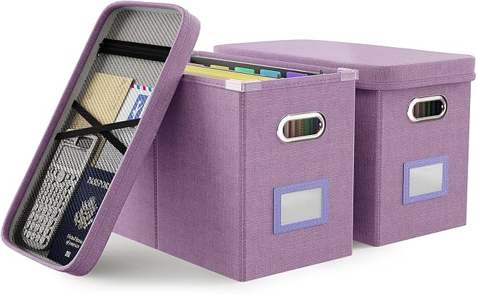 File Organizer With Lid, Hanging Filing Box With Mesh Pocket, Document Organizer for Letter Files, Portable Storage for Office & Home (2 PCS, Taro Purple) by Oterri