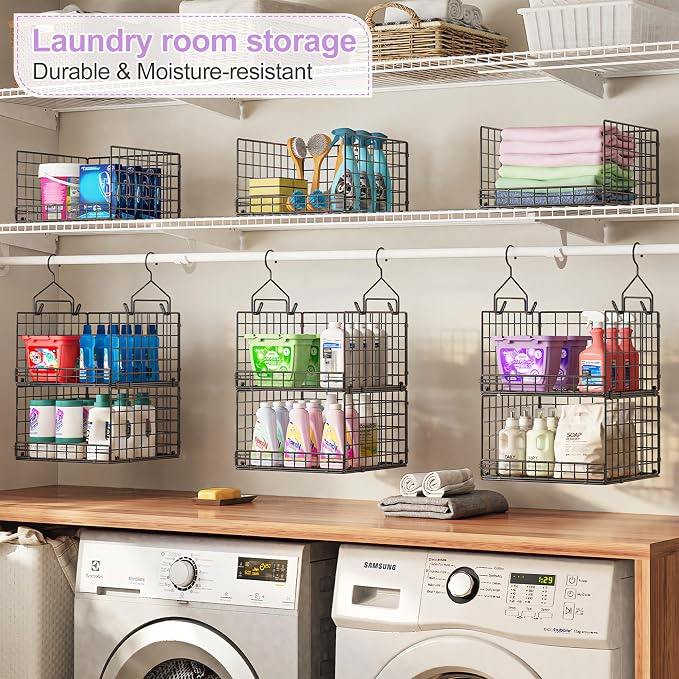 6 Tier Hanging Closet Organizers and Storage Stackable Hanging Closet Shelves with 4 Hooks 2 Adjustable Dividers, Wire Storage Basket Bins for Clothing Purse Sweaters Shoes Socks Dolls, Foldable - Image 6