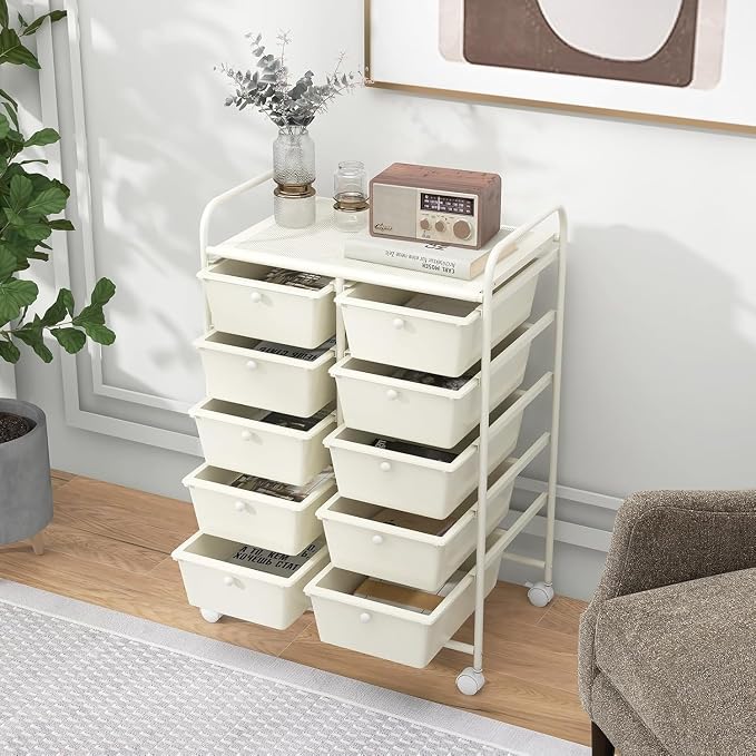 10 Drawer Rolling Cart, Storage Cart Organizer on Wheels, Drawer Cart with Metal Frame & Large Storage Capacity, Rolling Cart with Drawers for Living Room Classroom, Office - Image 8