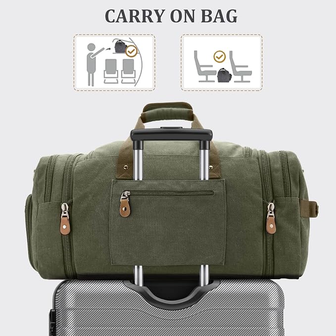 Gonex Canvas Duffle Bag, Expandable 60L Travel Overnight Weekender Bag | for Men, with Shoe Compartment, Multiple Pockets, Tear-Resistant, Durable Zippers, Detachable Strap, Army Green - Image 7