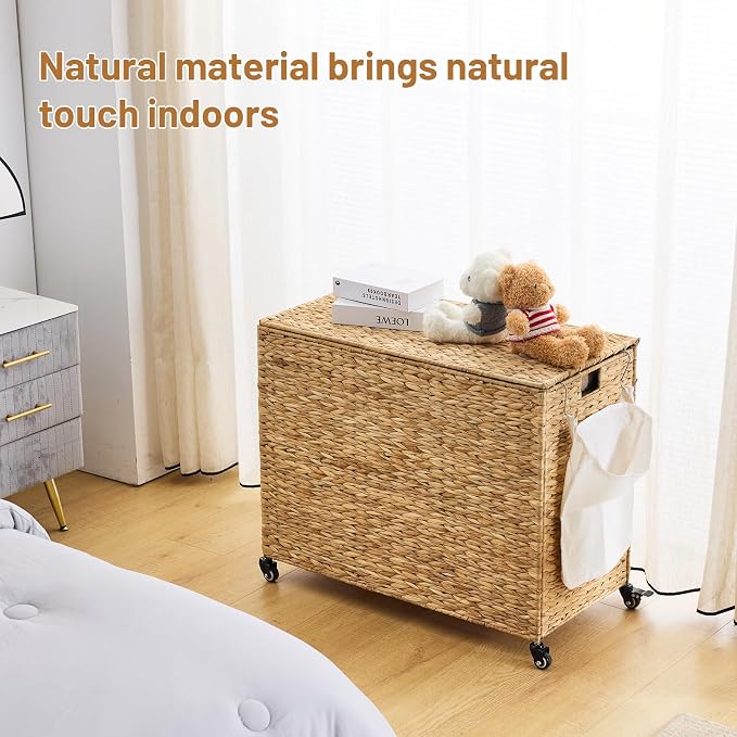 Laundry Hamper with Wheels, 52.8 Gallon(200L) Water Hyacinth Laundry Basket with Lid, 3-Section Wicker Clothes Hamper with 3 Removable Liners, Laundry Sorter with Side Pocket, Natural - Image 3