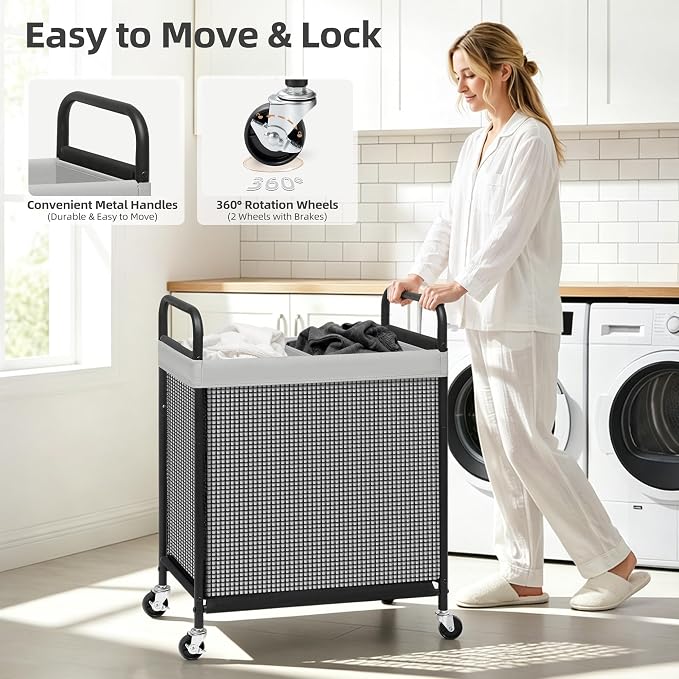 STORAGE MANIAC Rolling Laundry Hamper with Wheels 2-Section Laundry Sorter Rolling Laundrys Basket on Wheels with Removable Bag Clothes Hamper Laundrys Organizer Cart Bathroom Bedroom 100L Grey - Image 5