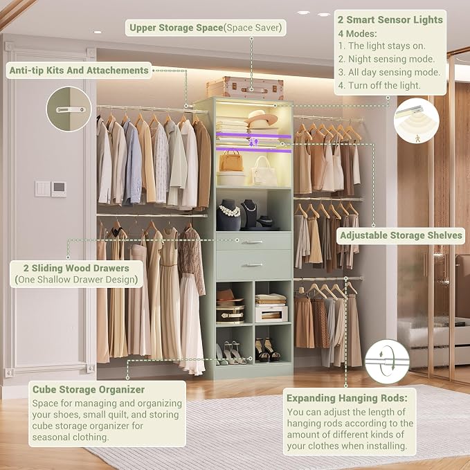 Besiost Closet System, 4-8 FT Closet Organizer System with Smart Sensor Lights, 2 Wooden Drawers and 5 Hanging Rods, Crab Green - Image 3