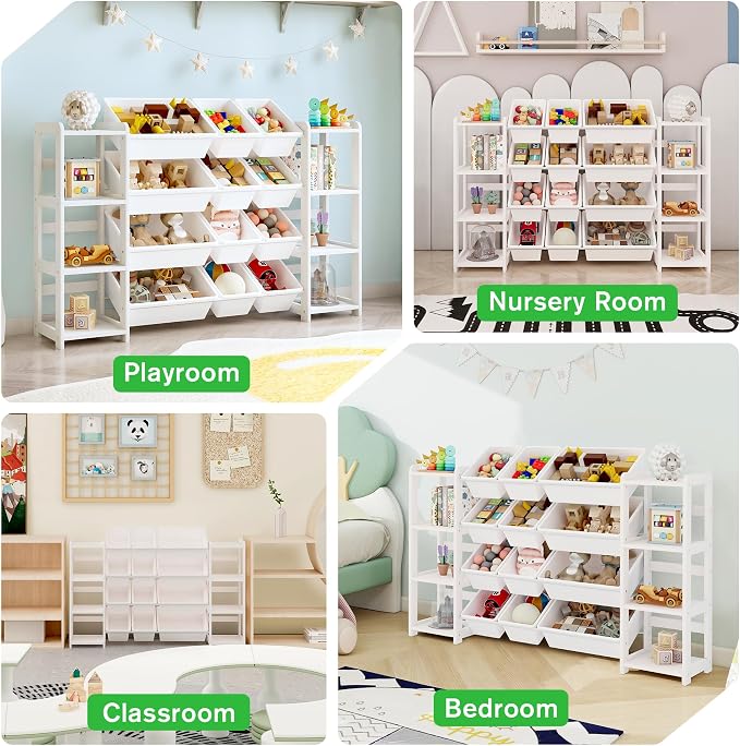 MallBest Extra Wide Toy Storage Organizer with Dual Bookshelves, Kids Wooden Shelf with 12 Removable Bins for Books, Toys, Playroom, Nursery, Bedroom, White, Large - Image 6