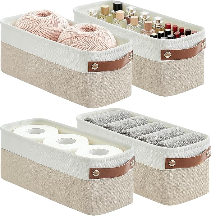 Small Fabric Storage Baskets, 15x6x5 inch Narrow Storage Bins 4-Pack Long Storage Basket for Organizing with Handles, Decorative Basket for Closets, Shelves, Toilet Paper, Beige by Bagnizer