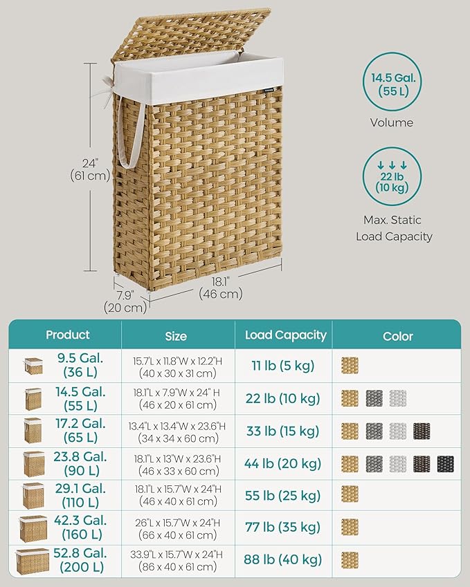 SONGMICS Slim Laundry Hamper with Lid, 14.5 Gallon (55L) Rattan Clothes Laundry Basket with Lid and Handles, Foldable, Removable Liner, Goose Yellow ULCB164N01 - Image 5