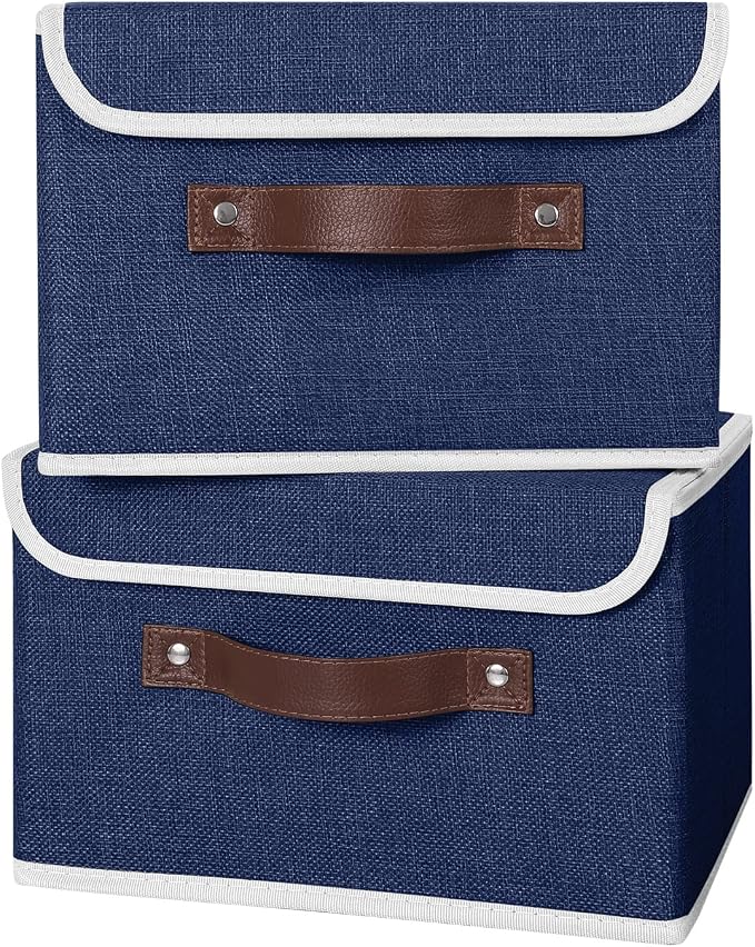 ANMINY Fabric Storage Box Bins with Lids, Blue, 10"x8"x7", 4 Pack | Keepsake Memory Storage, Cotton Linen, PP Board Reinforced, Washable, PU Handles, Foldable & Stackable, Decorative, Small - Image 5