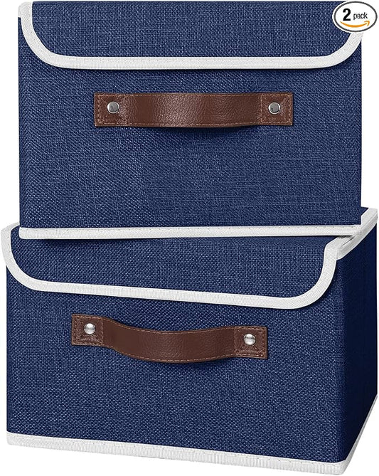 ANMINY Fabric Storage Box Bins with Lids, Blue, 10"x8"x7", 2 Pack | Keepsake Memory Storage, Cotton Linen, PP Board Reinforced, Washable, PU Handles, Foldable & Stackable, Decorative, Small by ANMINY