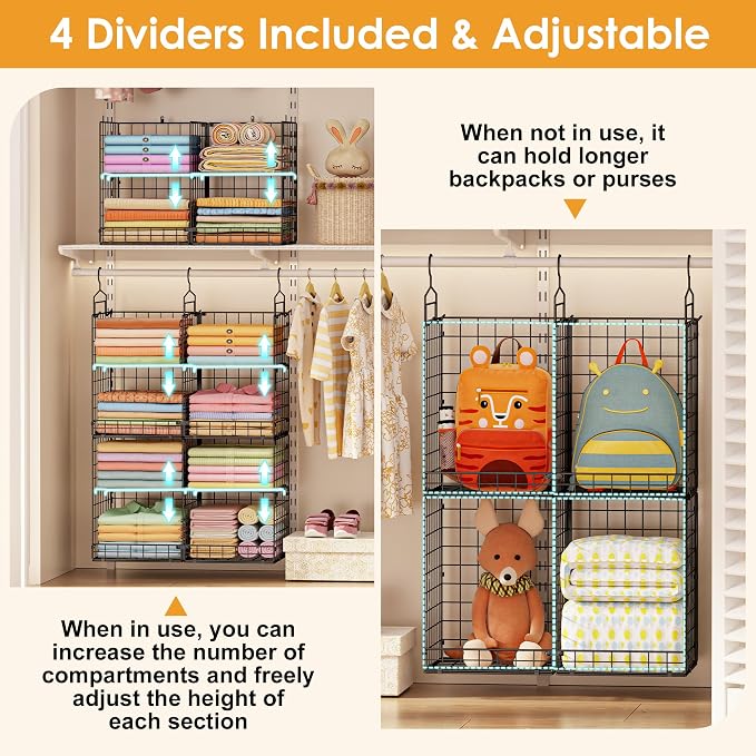 Hanging Closet Organizer with DIY Spacing, Double-Row Closet Hanging Shelves with 4 Adjustable Dividers & 6 Hooks, Heavy Duty Metal Closet Storage Organizer with Front Guard, Split into 2 Units - Image 5