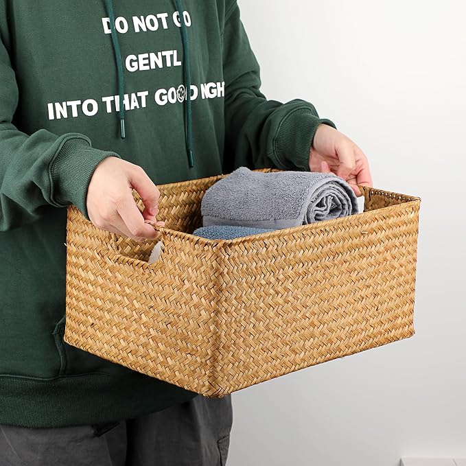 Hipiwe Seagrass Storage Baskets Bin for Shelf Large Handwoven Wicker Basket | Rectangular Bedroom Bathroom Organizer Built-in Handles, Multipurpose Woven Basket Bin Boxes,14.6"x 10.6"x 7.1" - Image 3