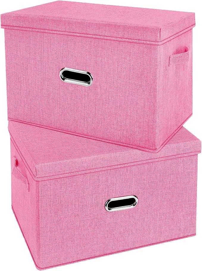 Large Linen Fabric Foldable Storage Bins with Removable Lid and Handles, Washable Storage Box Organizer Containers Baskets Cube with Cover for Bedroom,Office(Pink, Small(2-Pack)) by Unknown