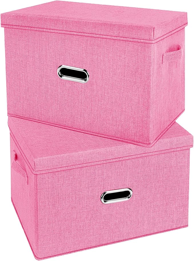 Large Linen Fabric Foldable Storage Bins with Removable Lid and Handles, Washable Storage Box Organizer Containers Baskets Cube with Cover for Bedroom,Office(Pink, XXL(2-Pack)) by Unknown