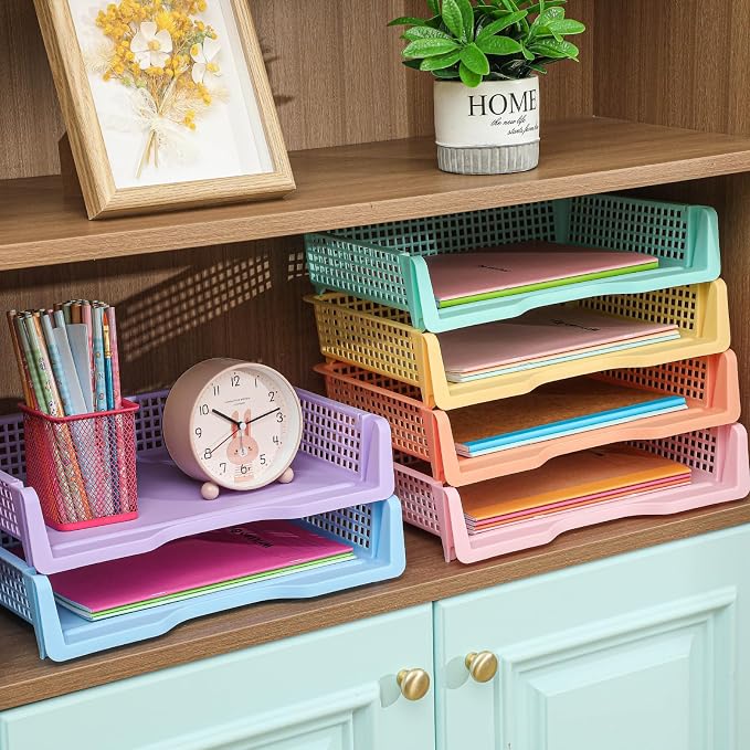 Teenyyou Set of 12 Colorful Turn in Trays Classroom Plastic Stackable Paper Tray Classroom Teachers Desk Organizer Bin for Office Home Teachers Organization and Storage,9 x 13 x 3 Inches(Morandi) - Image 6