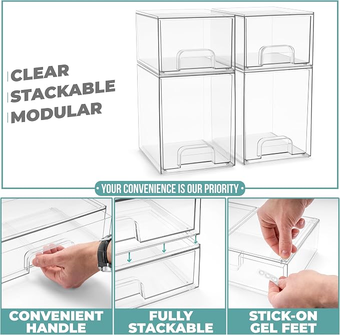 Sorbus Clear Stackable Storage Drawers (4 Pack, 7.6'' and 4.4'' Tall) | Acrylic containers with pull-out bins keep cosmetics, brushes and daily items sorted on bathroom counters or in cabinets. - Image 5