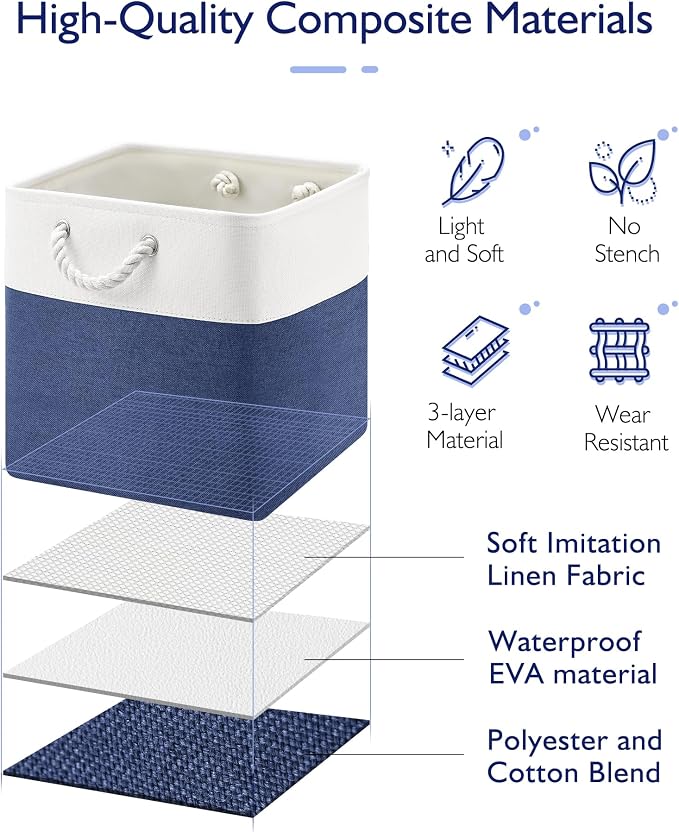 Patvingot 13-Inch Fabric Cube Storage Bins with Handles,4 Pack,Foldable | For cube shelves and closets,keeps grouped for everyday access,reinforced opening and fold-flat storage,white and blue - Image 3