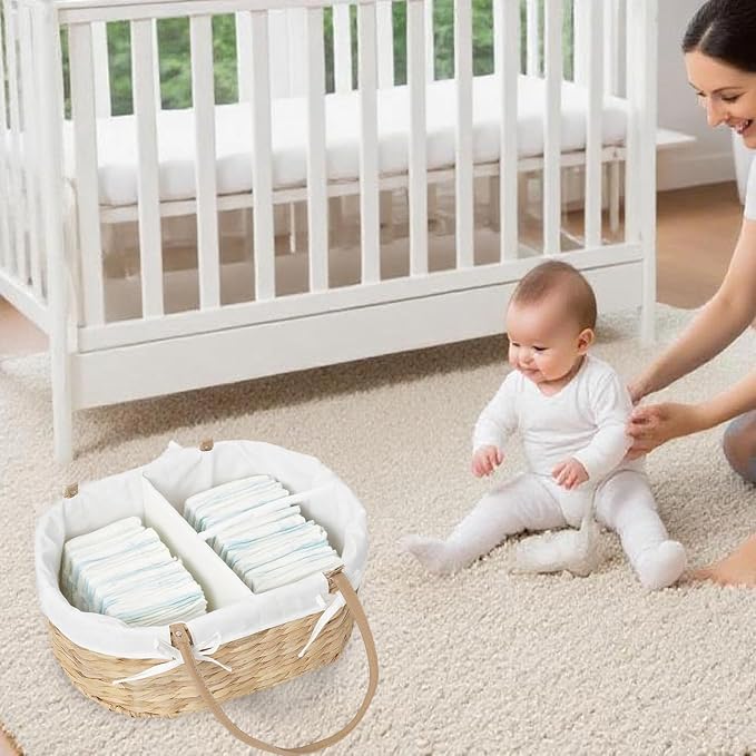 Water Hyacinth Diaper Caddy,Woven Baby Organizer for Nursery | Wicker diaper caddy with PU Handles& Detachable Lining for Newborn Bath, clothes,Cute Registry Must Have for Baby Gifts - Image 3