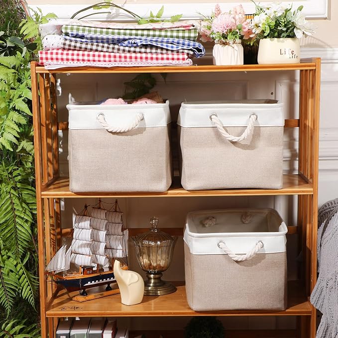 meekoo 8 Pack Collapsible Storage Bins Fabric Storage Bins Polyester Fabric Baskets with Handles Linen Closet Organizer for Shelf Home Closet Towels Toys(15 x 11 x 9.5 in,Beige) - Image 4