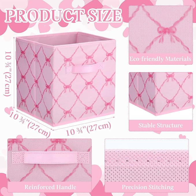 6 Pcs Pink Bow Cube Storage Bins 11 Inch Storage Basket with Handle | Preppy Girls Organizer Basket, Collapsible Fabric Box for Classroom Bedrooms Office Home Decoration Gift - Image 2