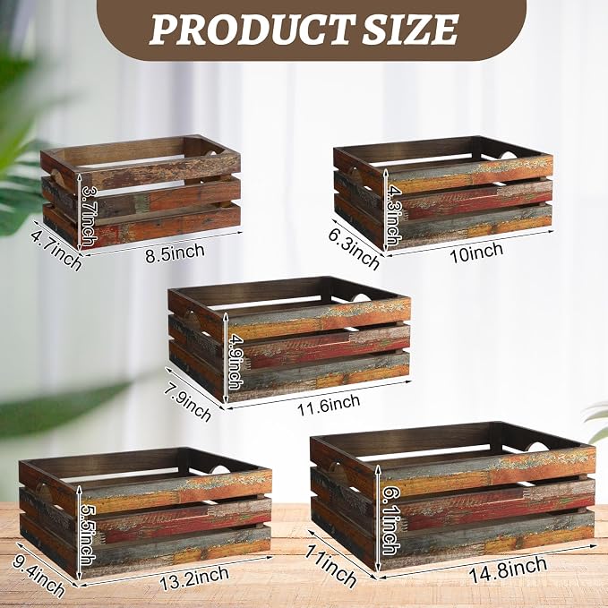Barydat Set of 5 Wood Crates for Display Decorative Nesting Wooden Crate Storage with Handles Vintage Farmhouse Style Decorative Boxes Multipurpose Fruits Vegetables Boxes(Colored Drawing,Random) - Image 2
