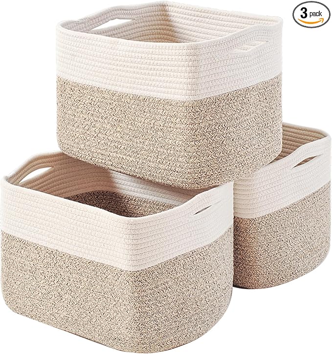 ICERZCZ Storage Baskets for Organizing, Woven Cotton Rope Basket for Storage Books, Baby Organizing Baskets, Toy Storage Basket, 15"x11"x9.5", 3 Packs, Off White & Brown by ICERZCZ