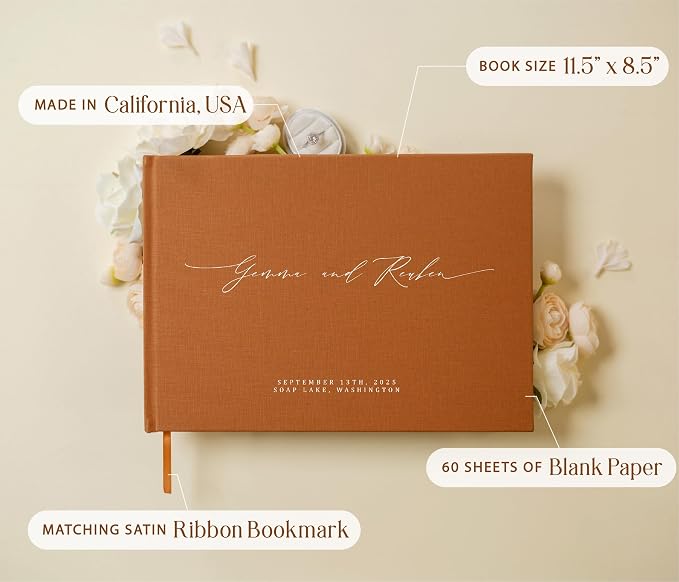 Personalized Guestbook in Terracotta - Premium Custom Modern Guest Book for Wedding Reception, Birthday Party or Events w/Bookmark Blank Pages for Signing 11.5 x 8.5 inches - Image 3