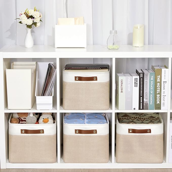 DULLEMELO Fabric Storage Bins for Laundry, Home, Foldable Storage Baskets for Shelves, Toys, Collapsible Storage Bins for Office, Closet,Bedroom(White&Khaki,L-15"x11"x9.5",4-Pack) - Image 6