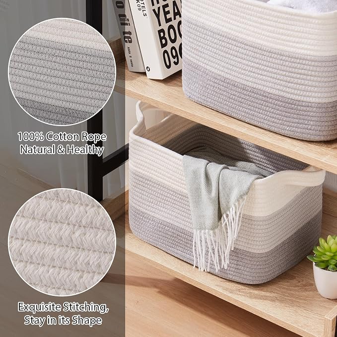 OIASKET Storage Baskets for Organizing, Woven Baskets for Shelves, Rectangle Decorative Organizer for Storage Clothes, Toy, Books, Towels Nursery Bins 3 Pack (Gradient Grey, 15.75"x11.8"x9.85") - Image 4